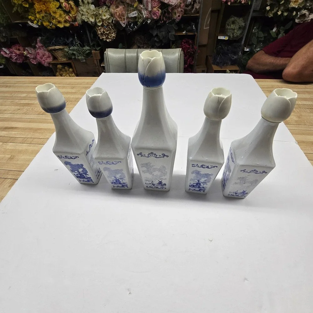Vintage Delft Style Liquor Bottles Set 5 White Blue Windmill Tulip Decanter
